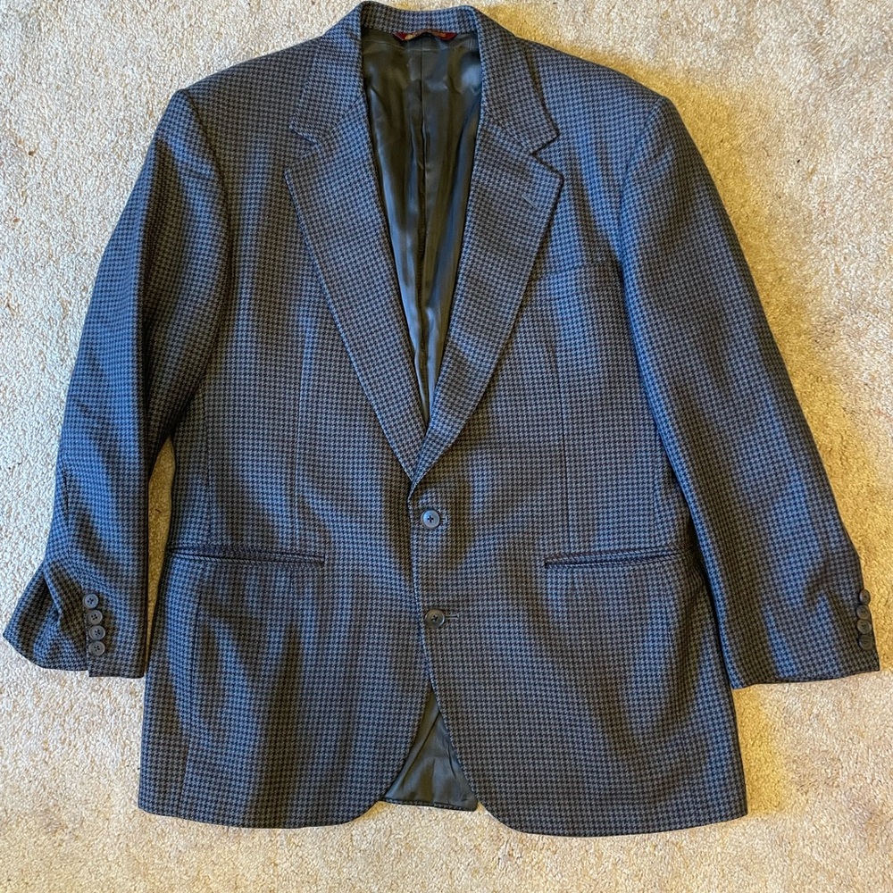 Men's Red Barn Gentleman's Apparel Vintage Blue Houndstooth Wool Blazer 46 Long